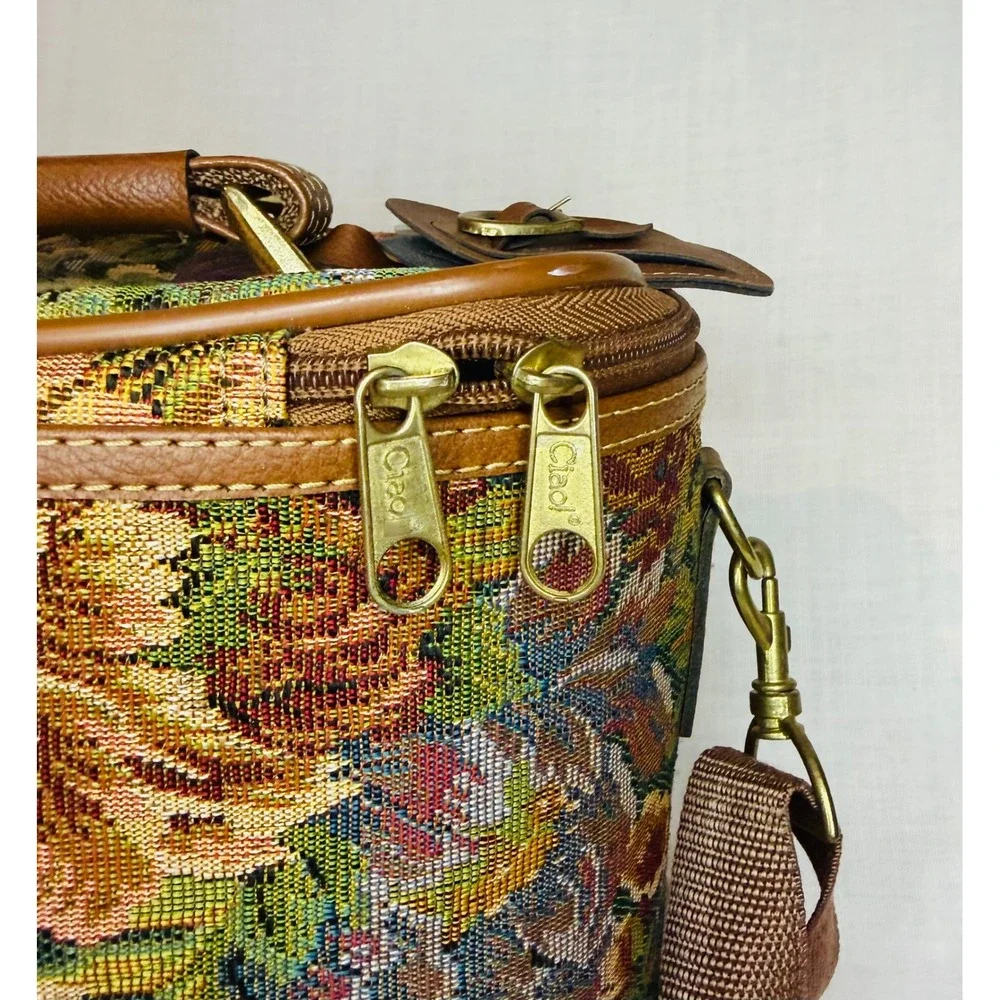 Ciao Vintage Floral Tapestry Train Case Makeup Bag Vanity Travel Luggage Brown